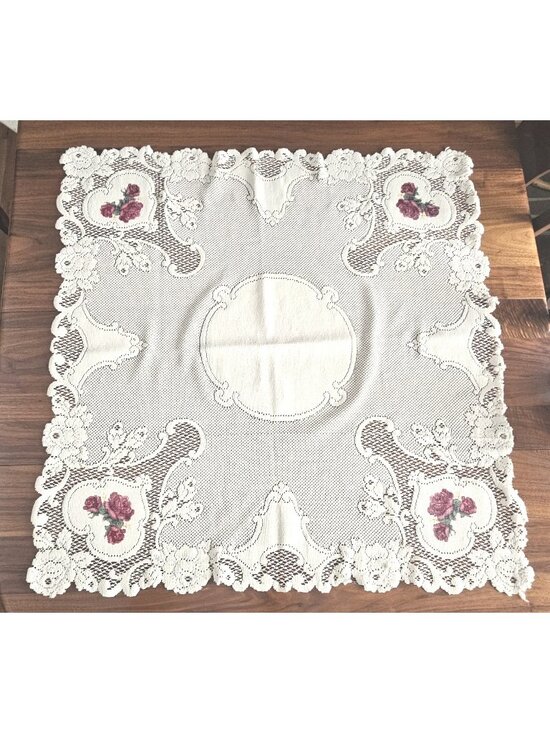 Other - Crochet Lace Table Topper Ivory Rose Pattern Cotton Blend Square Cottagecore
